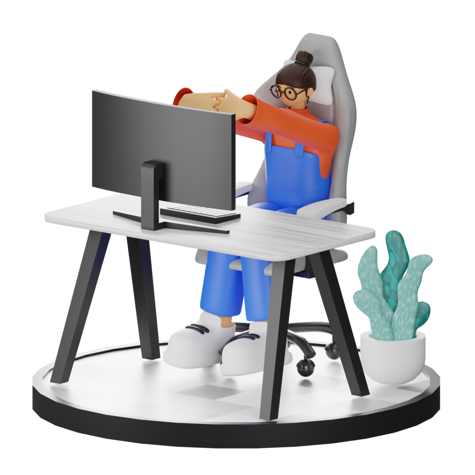 A Teenage Girl Stretching in 3D Illustration at the Computer Desk png