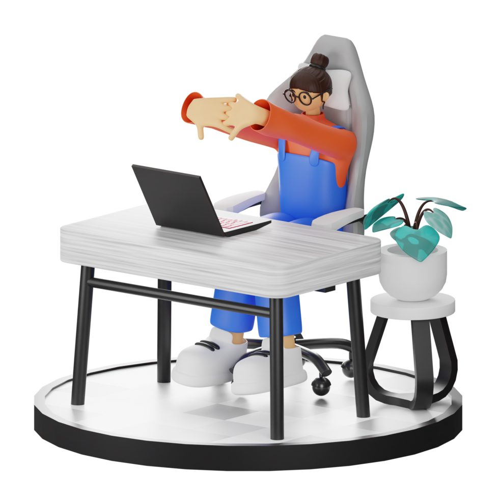 A Teenage Girl Stretching in 3D Illustration at the Computer Desk png