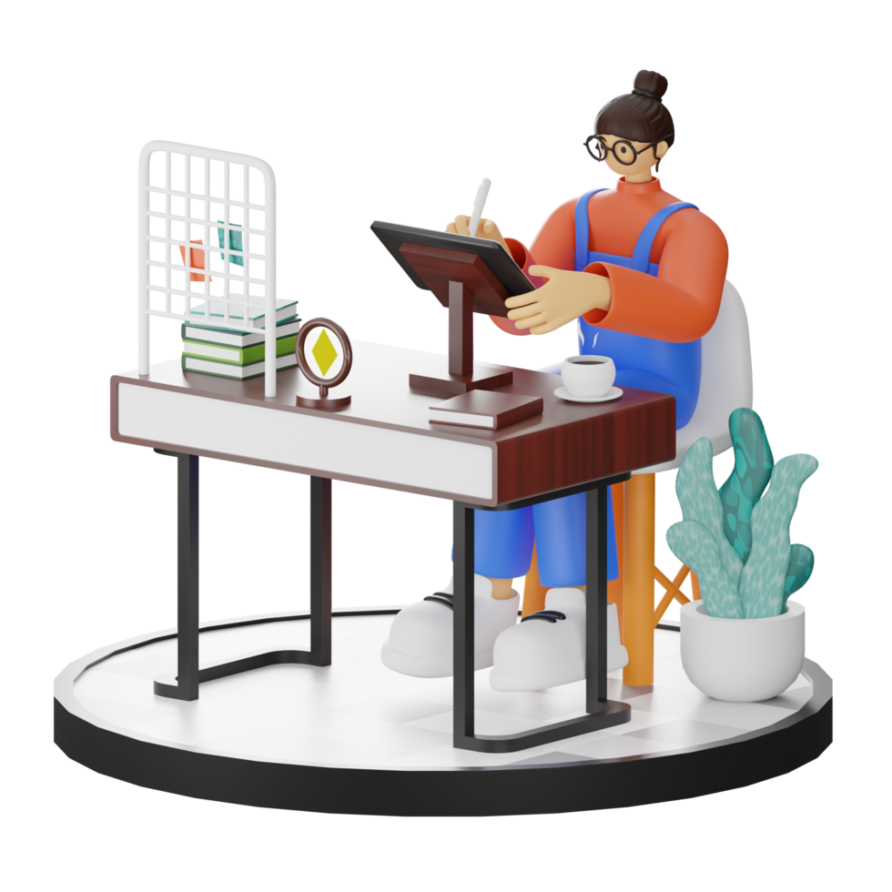 A Teenage Girl Engaged in 3D Digital Drawing at the Computer Desk png