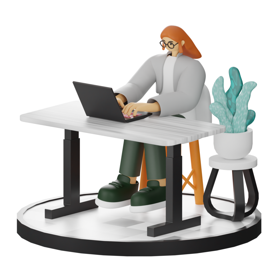 3D Illustration of a Teenage Female Programmer at the Computer Desk png