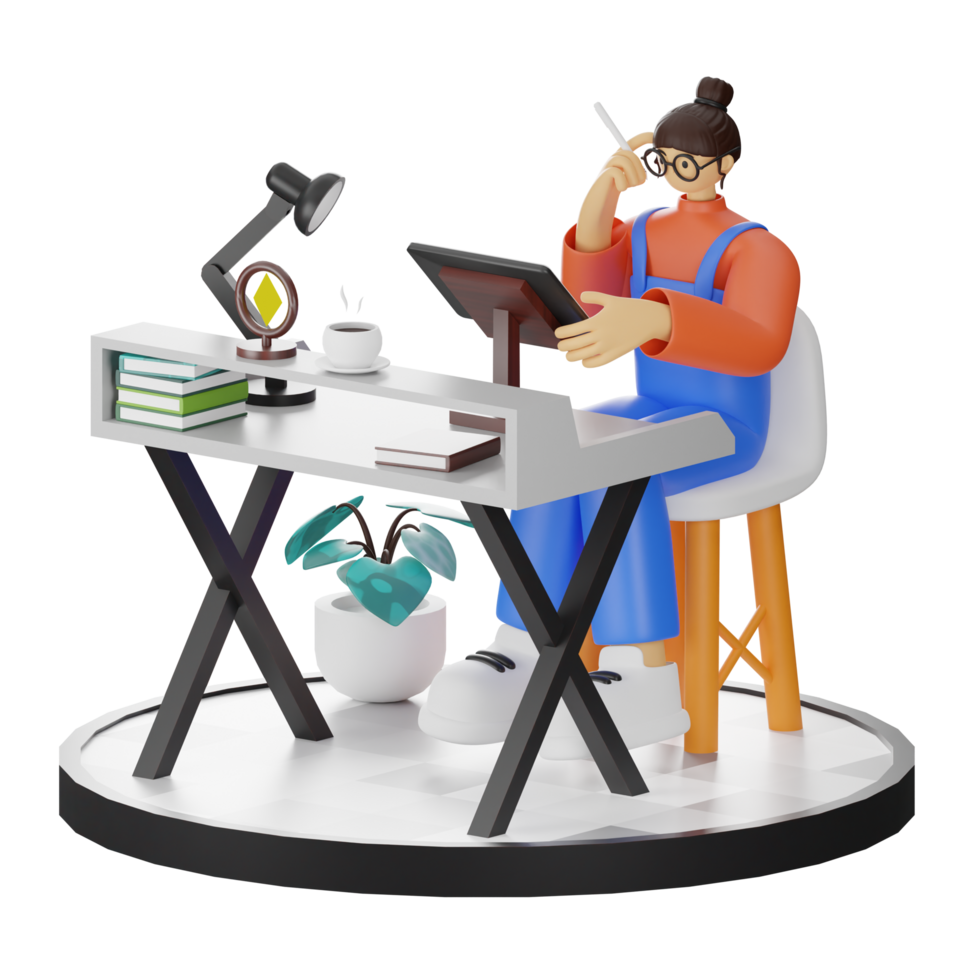 A Teenage Girl Engaged in 3D Digital Drawing at the Computer Desk png