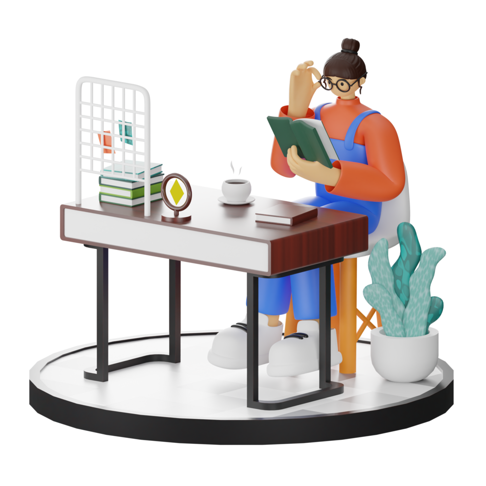 A Teenage Girl immersed in 3D Illustration while Reading a Book at the Computer Desk png