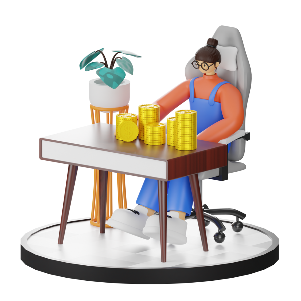 A Teenage Girl Engaged in 3D Coin Counting at the Computer Desk png