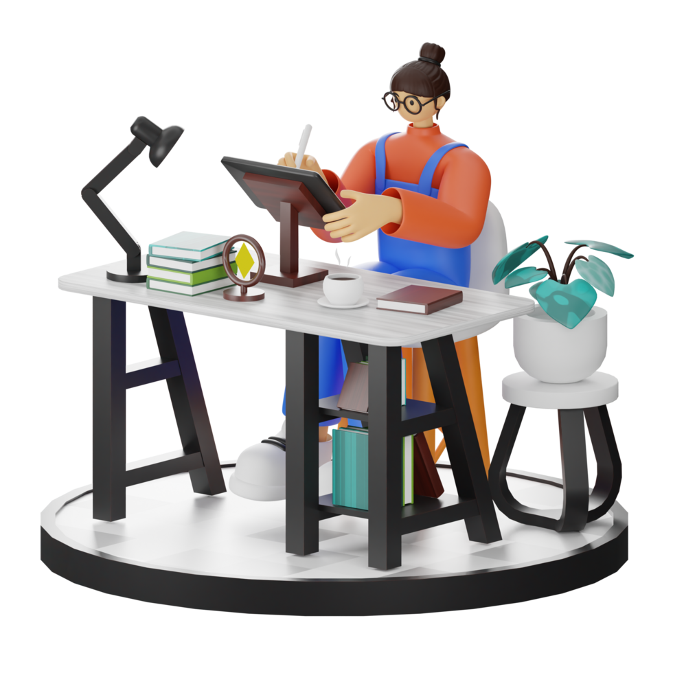 A Teenage Girl Engaged in 3D Digital Drawing at the Computer Desk png