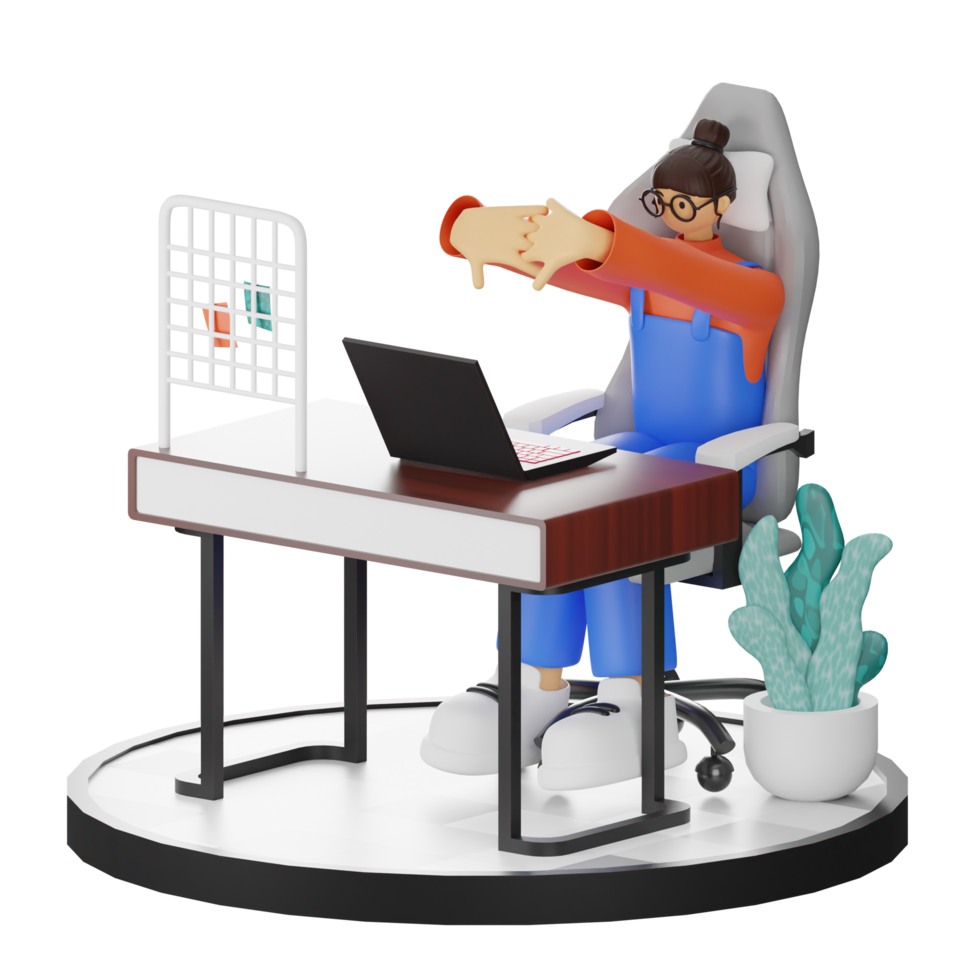 A Teenage Girl Stretching in 3D Illustration at the Computer Desk png