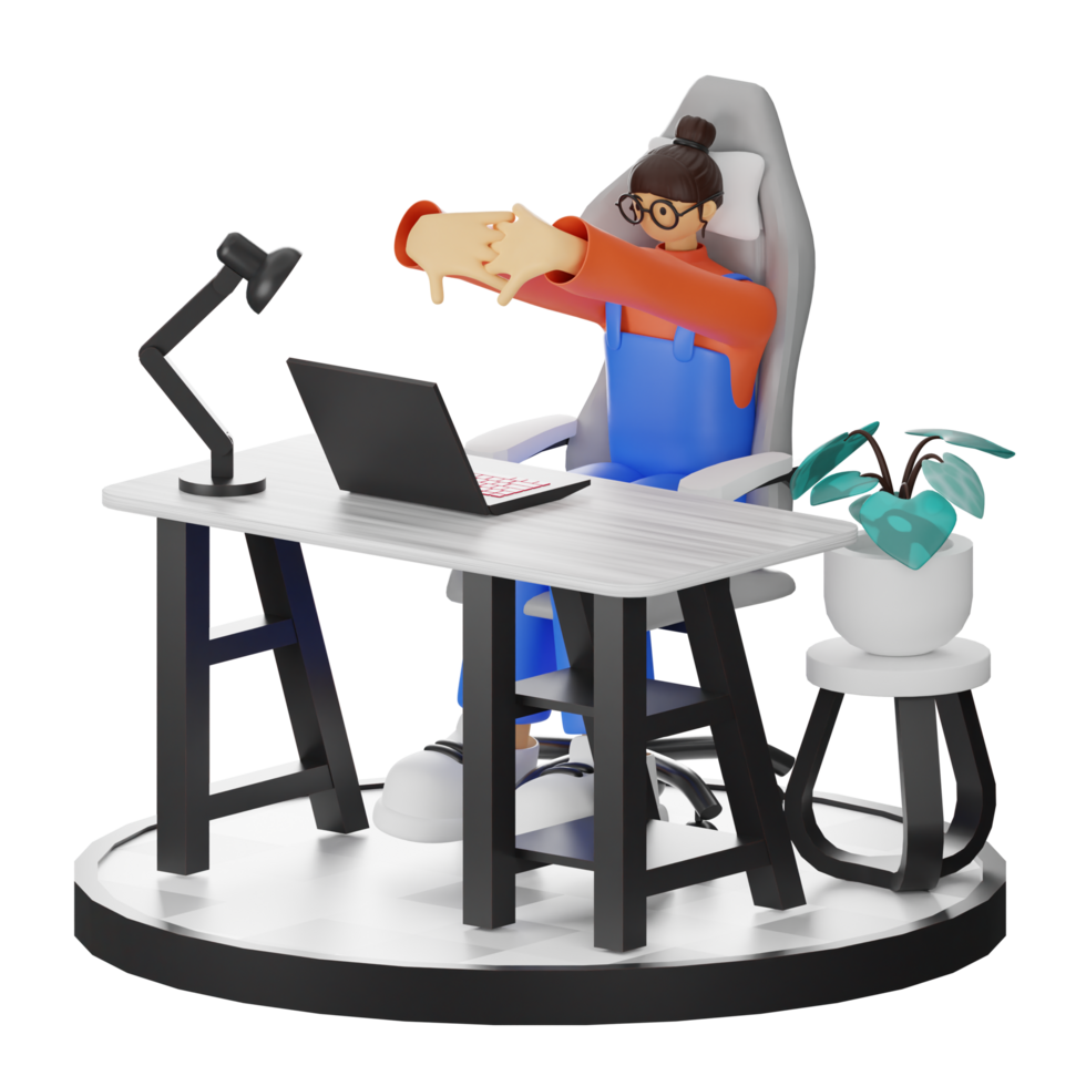 A Teenage Girl Stretching in 3D Illustration at the Computer Desk png