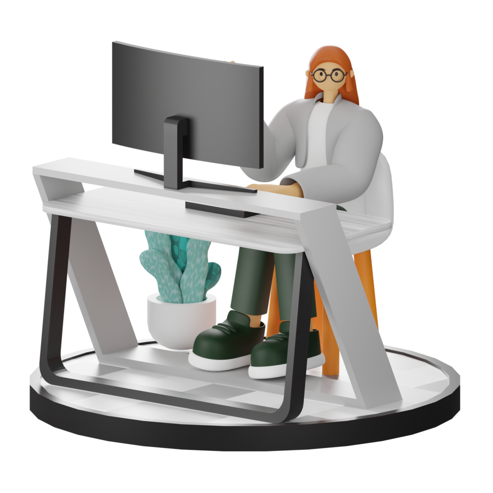 3D Illustration of a Teenage Female Programmer at the Computer Desk png