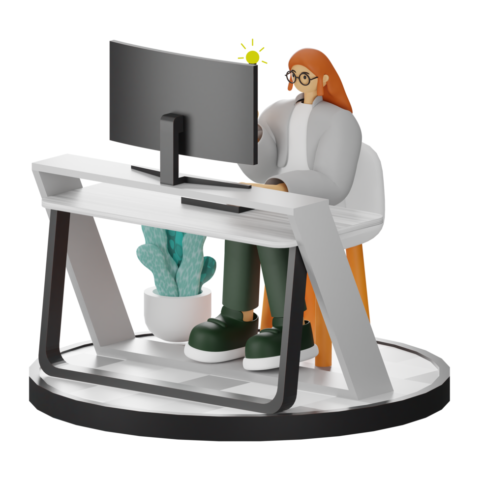 3D Illustration of a Teenage Female Programmer at the Computer Desk png