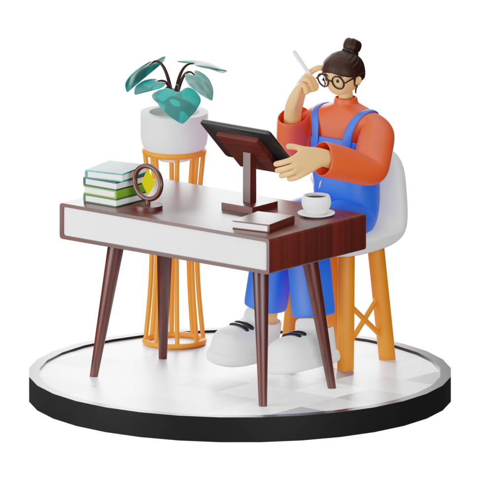 A Teenage Girl Engaged in 3D Digital Drawing at the Computer Desk png