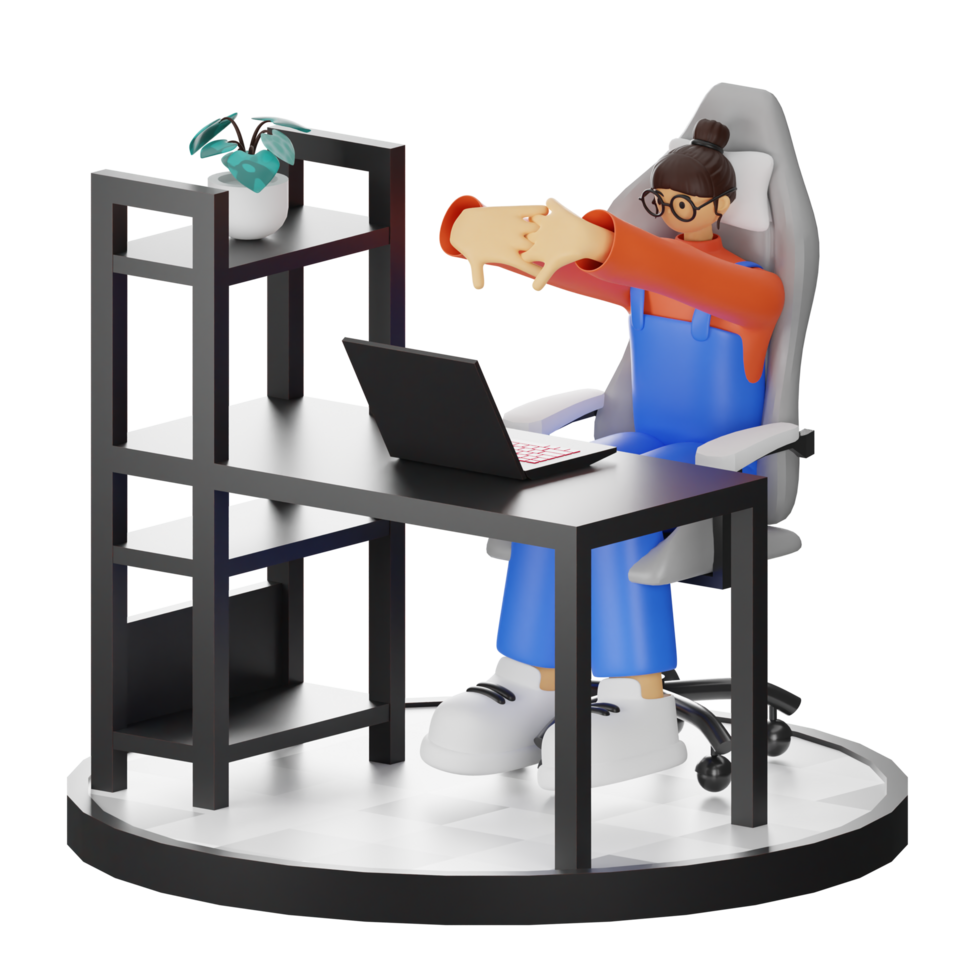 A Teenage Girl Stretching in 3D Illustration at the Computer Desk png