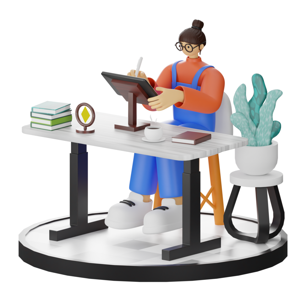 A Teenage Girl Engaged in 3D Digital Drawing at the Computer Desk png