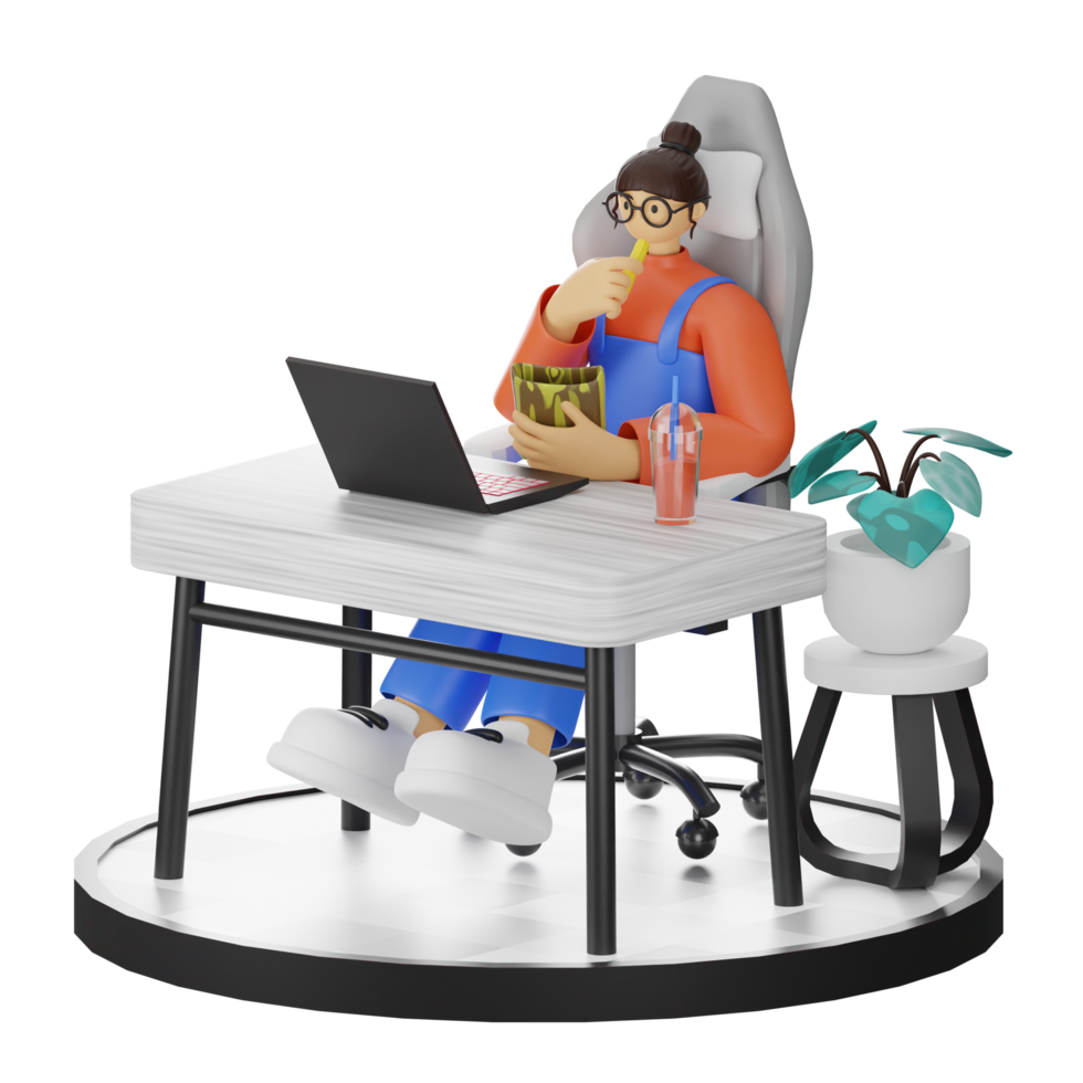 A Teenage Girl's Journey in 3D Illustration at the Computer Desk Free PNG