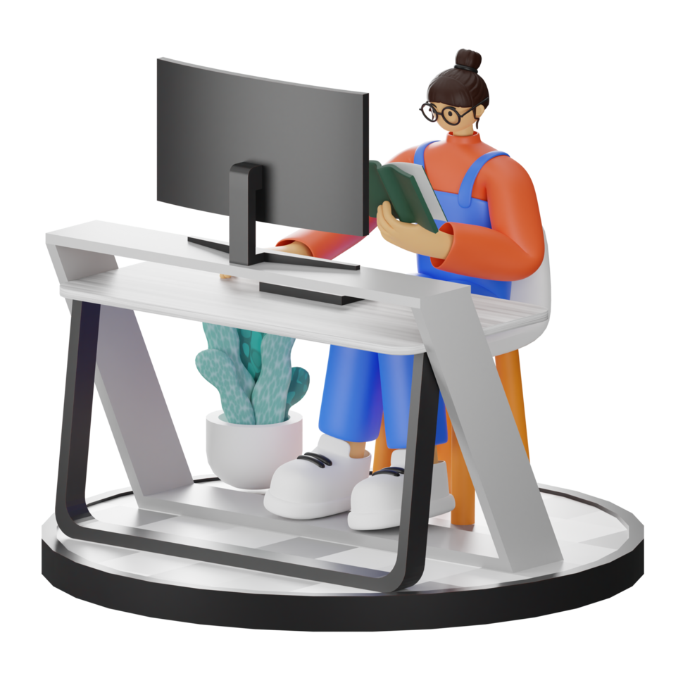 A Teenage Girl immersed in 3D Illustration while Reading a Book at the Computer Desk png