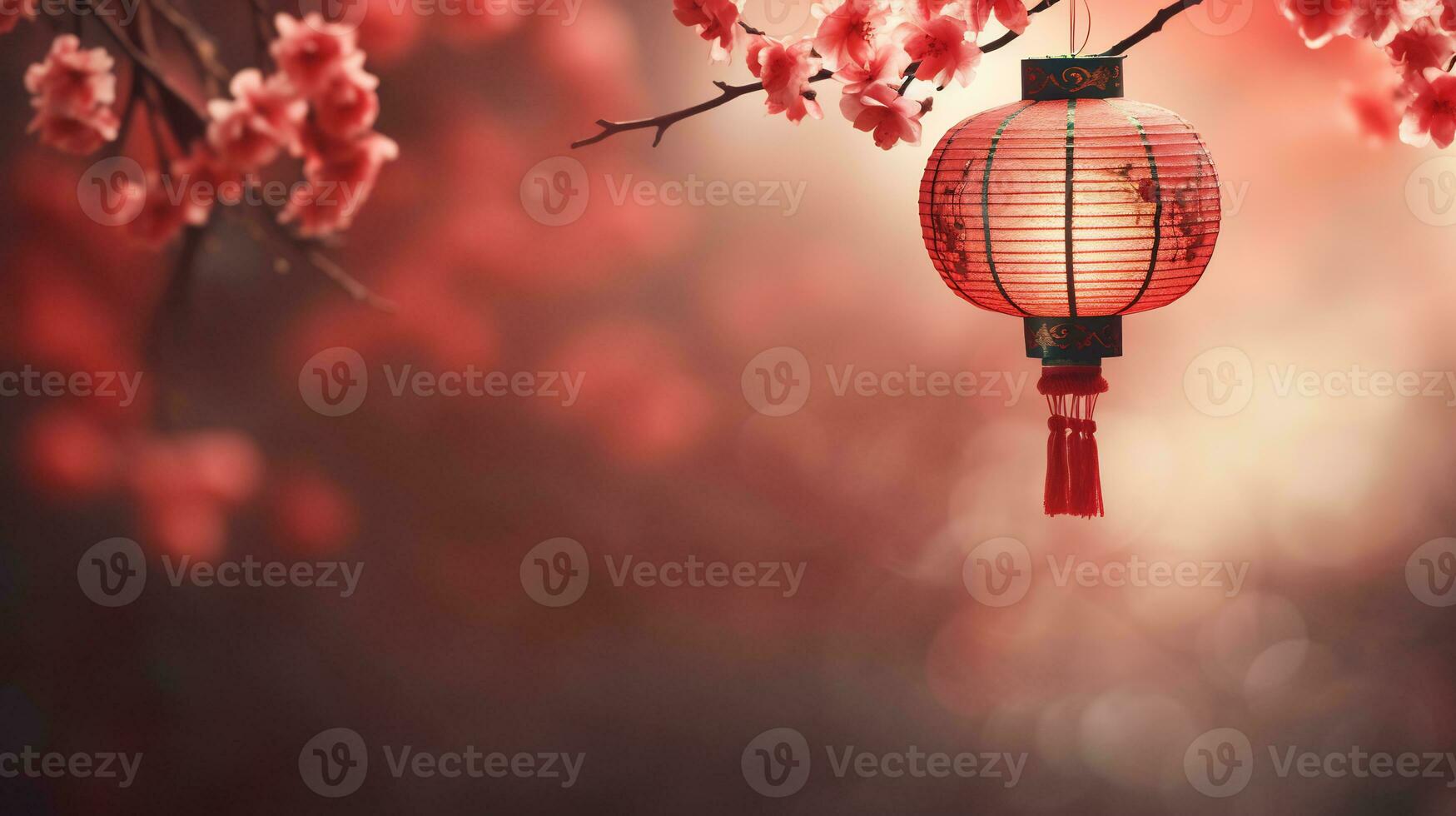 AI generated lunar new year background with hanging red latern photo