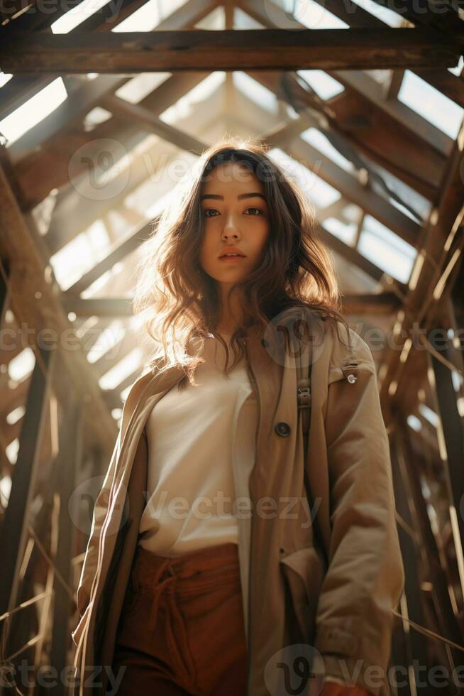 AI generated a woman is standing in an industrial structure with beams and scaffolding photo
