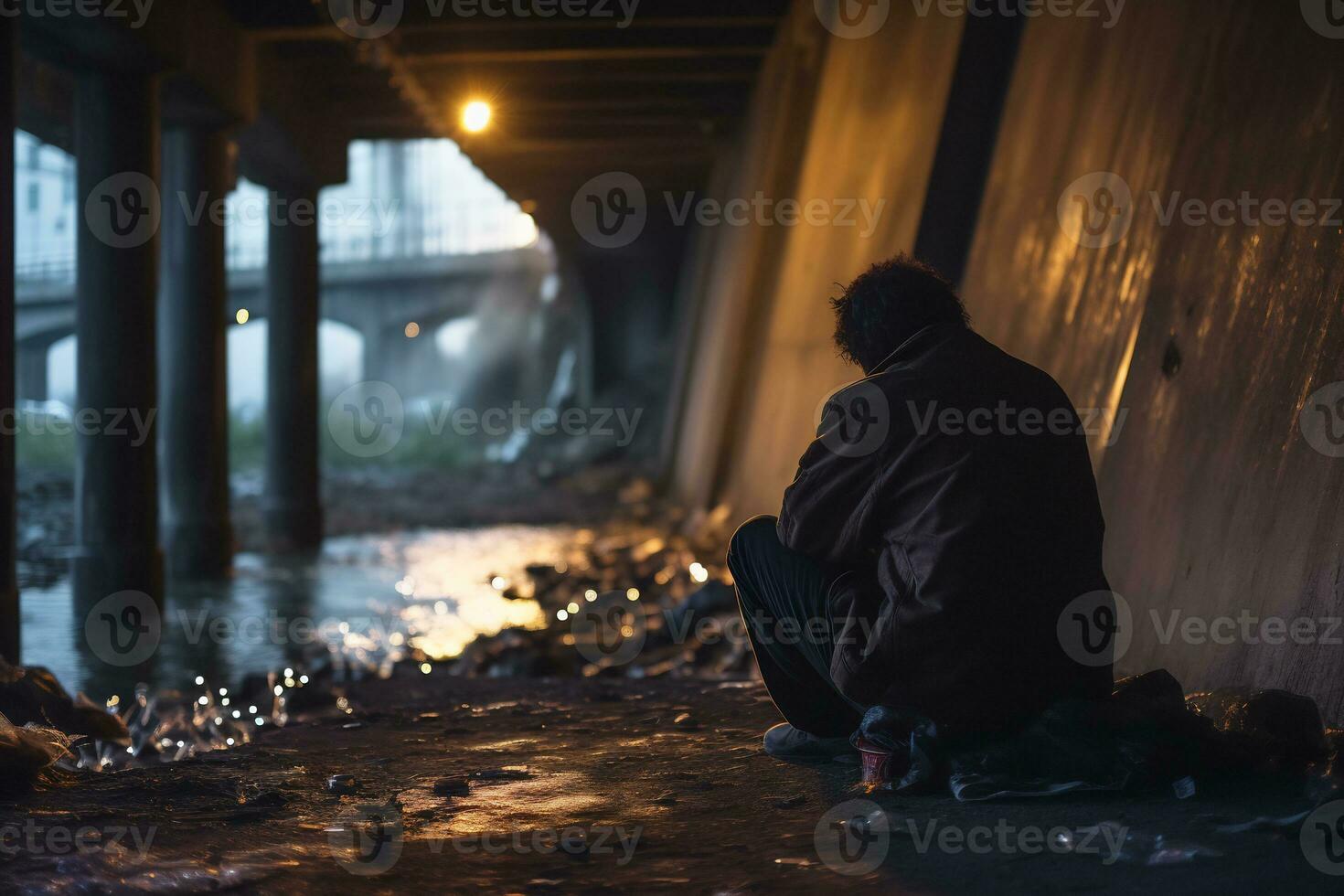 AI generated a homeless individual huddled in a makeshift shelter under a bridge photo