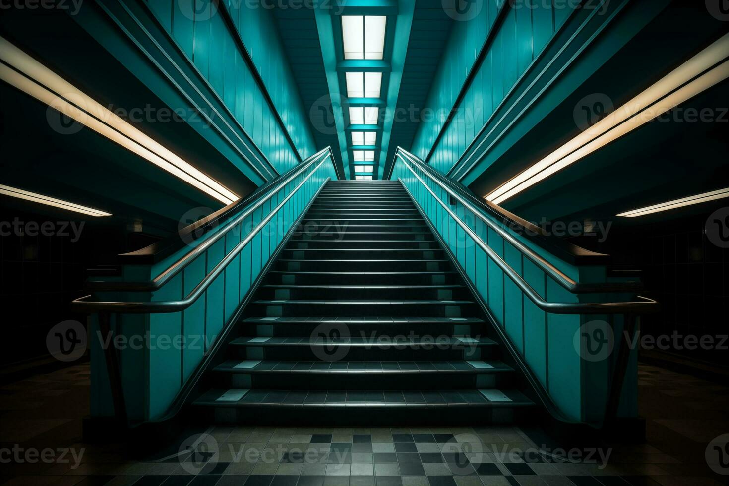 AI generated a stairway up to a brightly lit area in the style of dark gray and teal photo