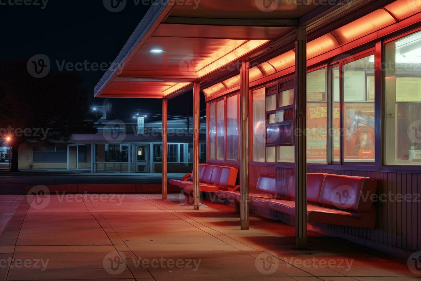 AI generated Photograph of a quiet bus stop at night photo