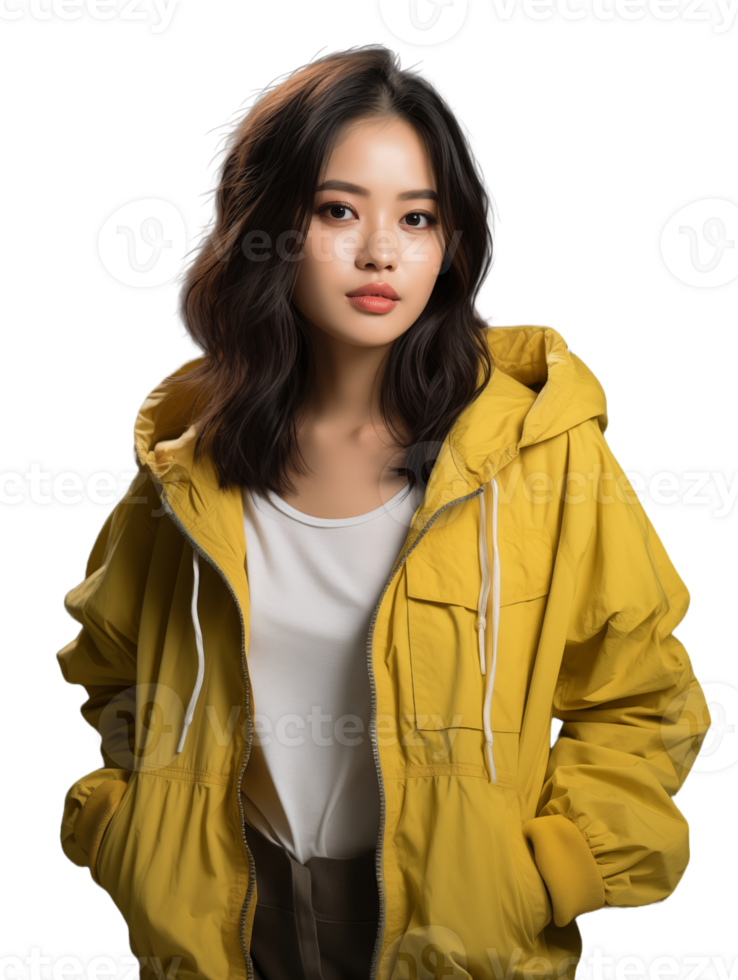 AI generated beautiful woman wearing yellow lightweight jacket transparent image png