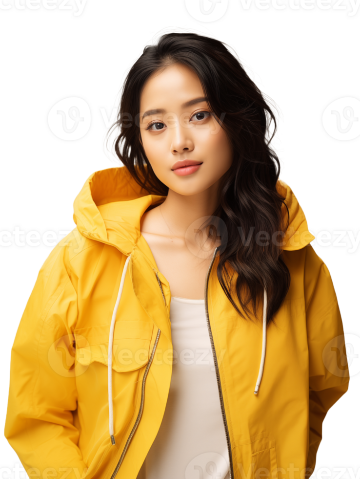 AI generated beautiful woman wearing yellow lightweight jacket transparent image png