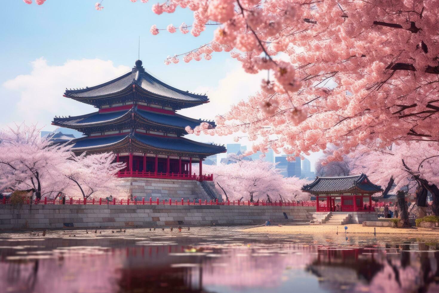 AI generated Beautiful pagoda and cherry blossom in Gyeongbokgung Palace, Seoul, South Korea, Gyeongbokgung palace with cherry blossom tree in springtime in Seoul city, South Korea, AI Generated photo