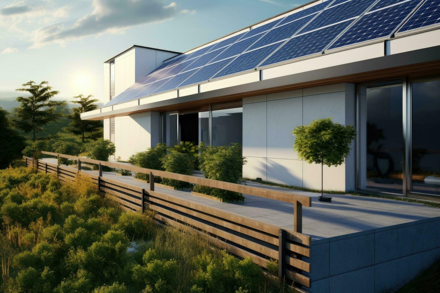 AI generated Solar panels on the roof of a modern house. 3d rendering, House fence made of solar panels, AI Generated photo