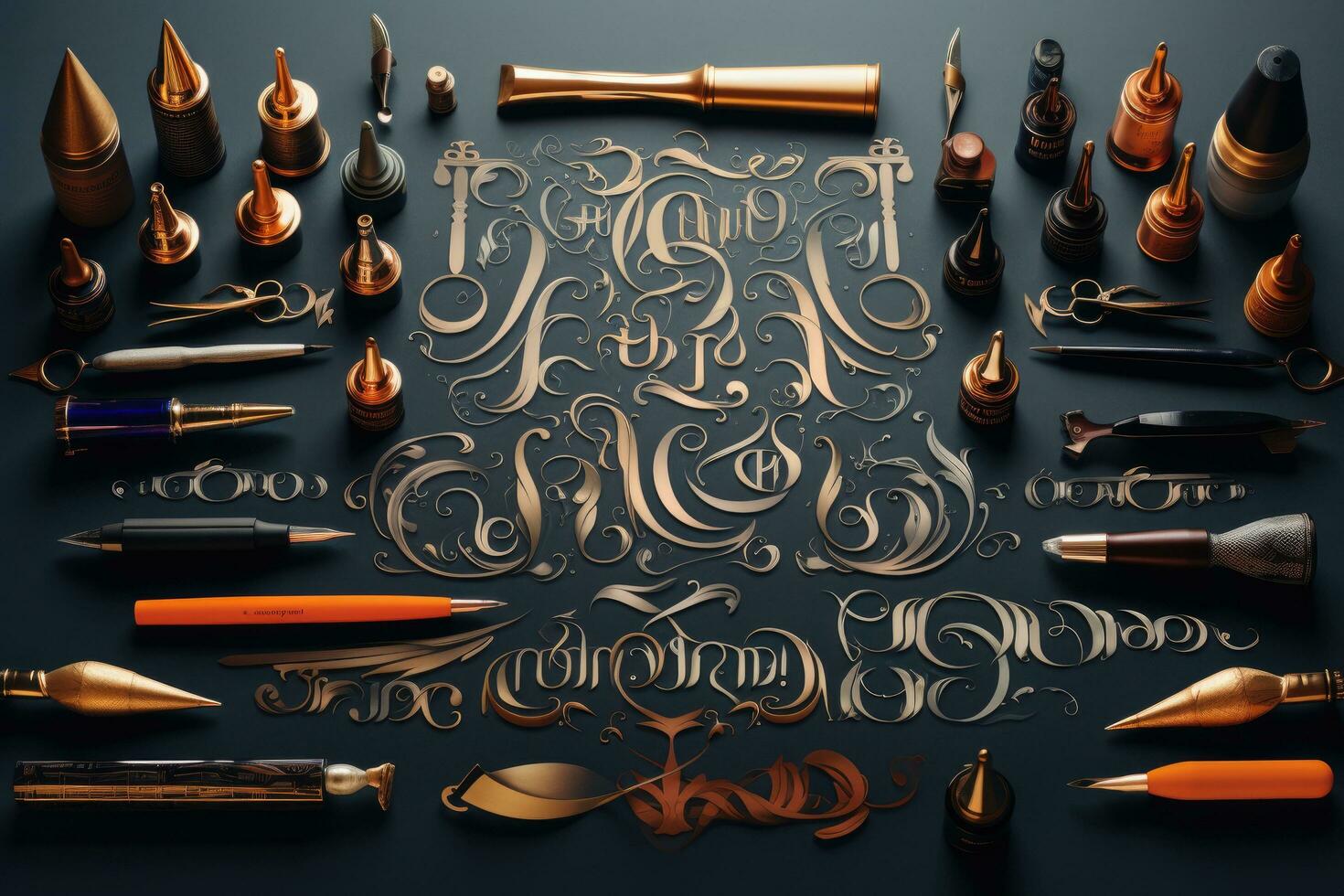 AI generated Calligraphic lettering made of calligraphic elements on dark background, Immerse yourself in the art of elegant lettering within the enchanting world of Calligraphy style, AI Generated photo