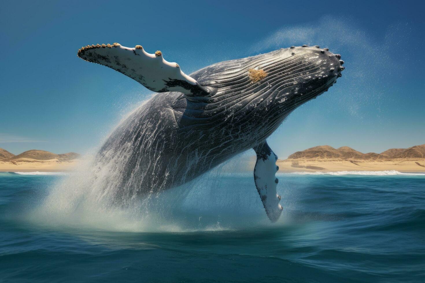 AI generated Humpback whale splashing out of the water. 3d render, Humpback whale jumping out of the water, AI Generated photo