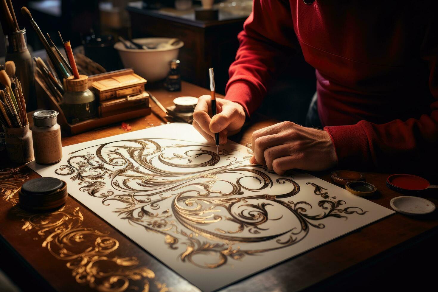 AI generated Close-up image of a male artist drawing a pattern in his workshop, Immerse yourself in the art of elegant lettering within the enchanting world of Calligraphy style, AI Generated photo