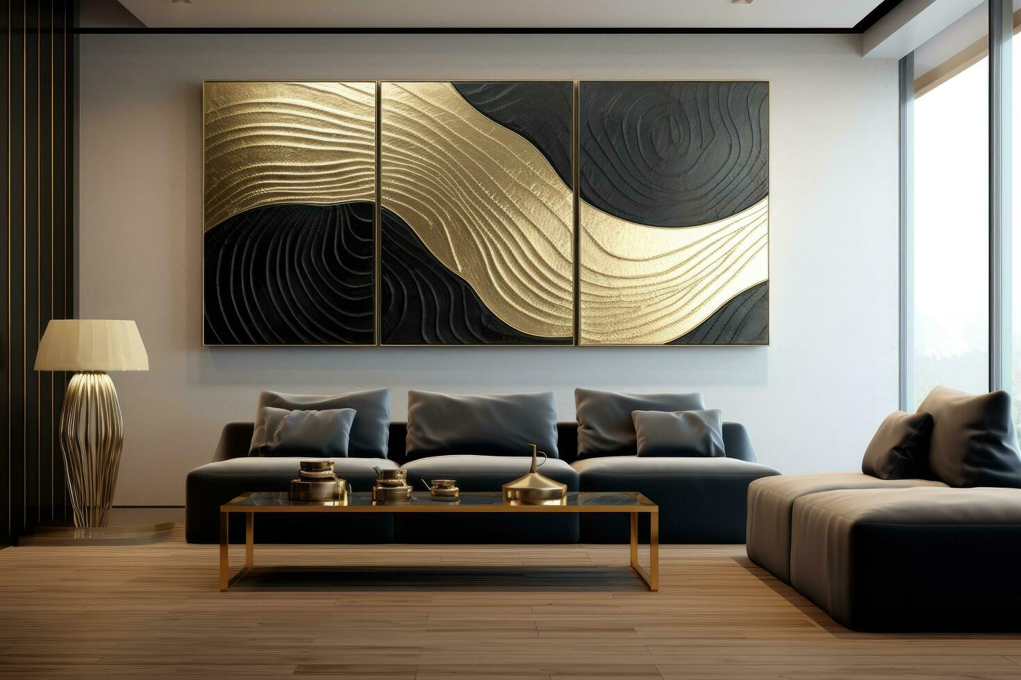 AI generated 3d render, abstract black and golden wavy background with lines, Horizontal black and gold oil painting with a wavy abstract pattern, AI Generated photo