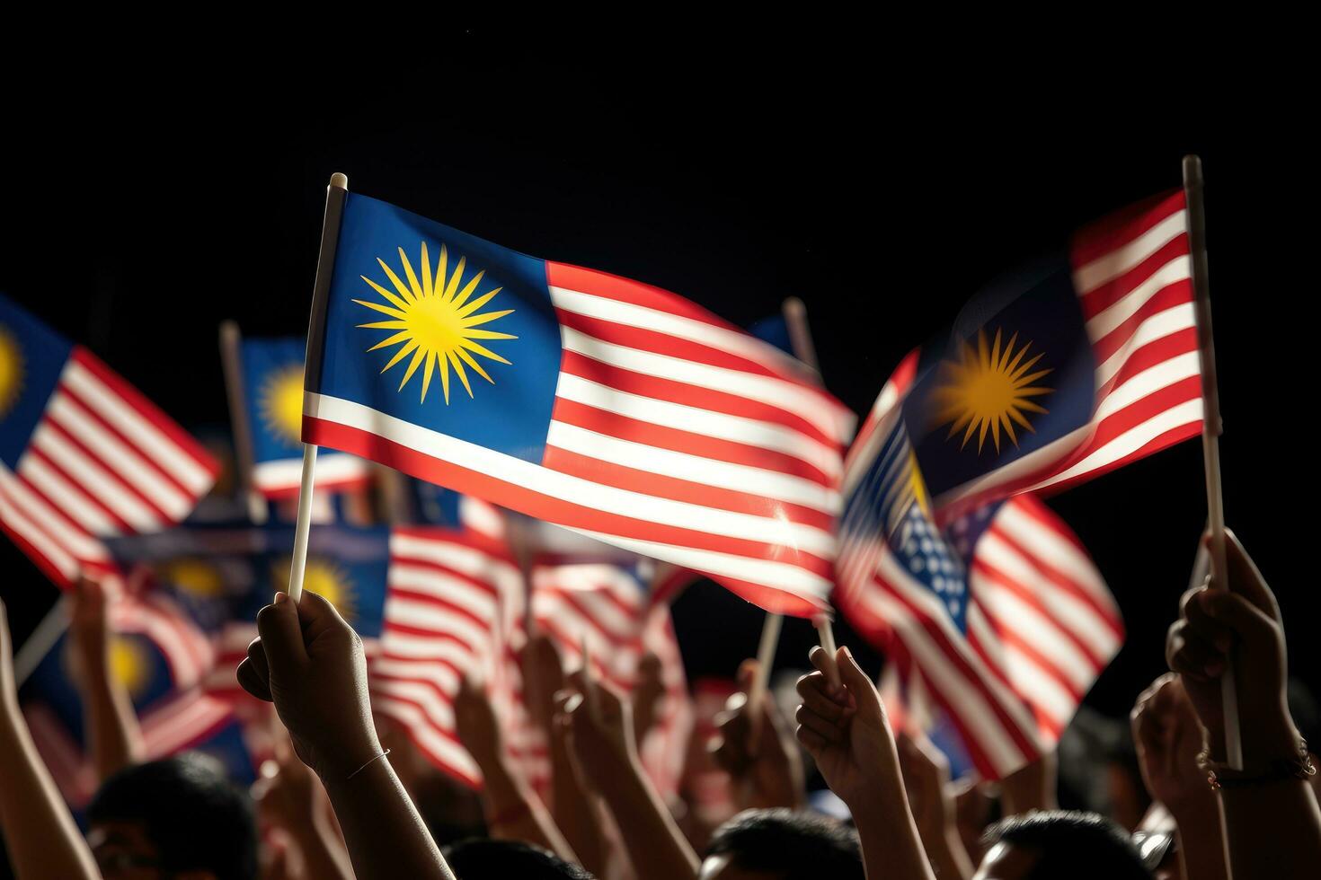 AI generated Many cheering people with malaysia flag in a dark room, Hand waving the Malaysia flag, also known as Jalur Gemilang, in conjunction, AI Generated photo