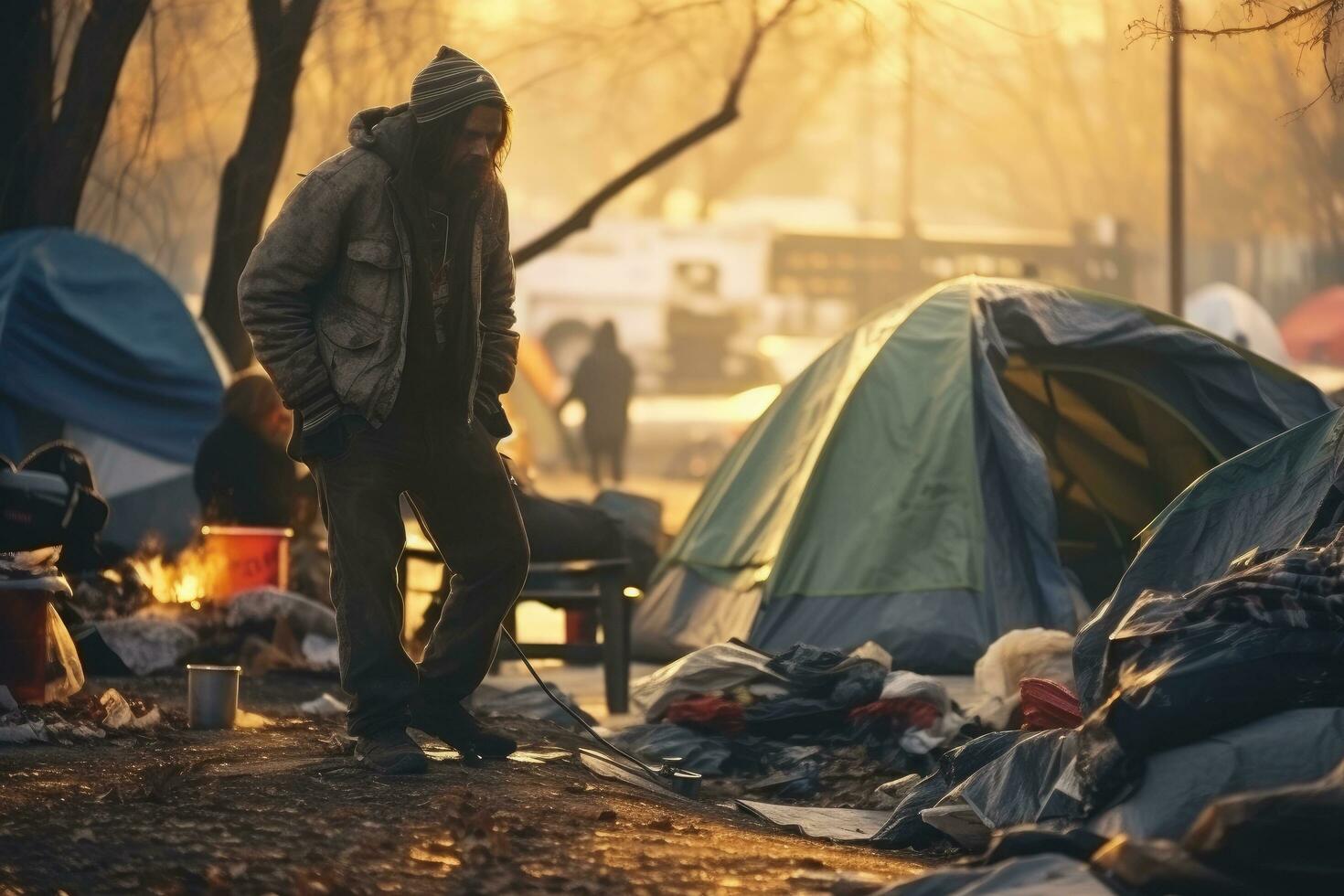 AI generated Homeless man on the street in the evening at the campsite, Homeless and in poverty in a tent city, AI Generated photo