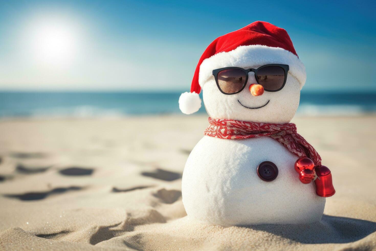 ai generado monigote de nieve con Gafas de sol en el playa. Navidad y nuevo año concepto, contento arenoso monigote de nieve con Gafas de sol y Papa Noel sombrero en un soleado Navidad día tarde, ai generado foto