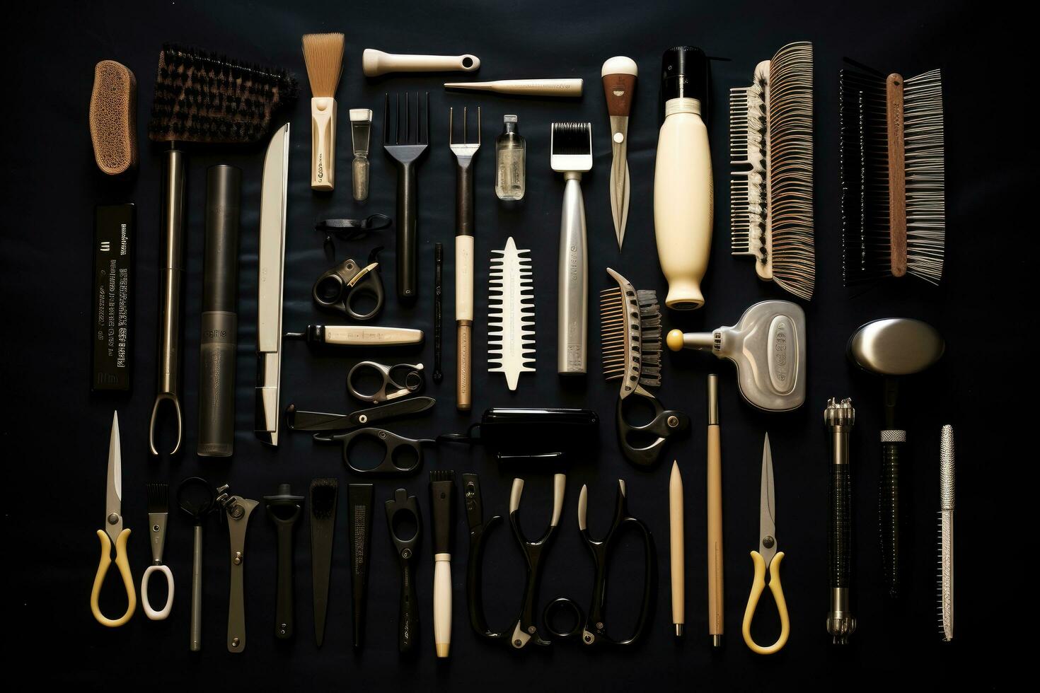 AI generated Professional hairdresser tools on black background. Top view, Hairdresser tools and accessories against a black background, viewed from the top, AI Generated photo