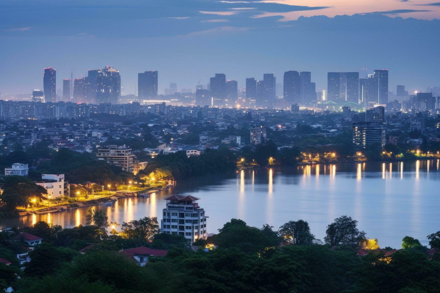 AI generated Chao Phraya River and Bangkok city skyline at twilight, Thailand, Hanoi skyline cityscape at the twilight period, Cau Giay park, west of Hanoi, AI Generated photo