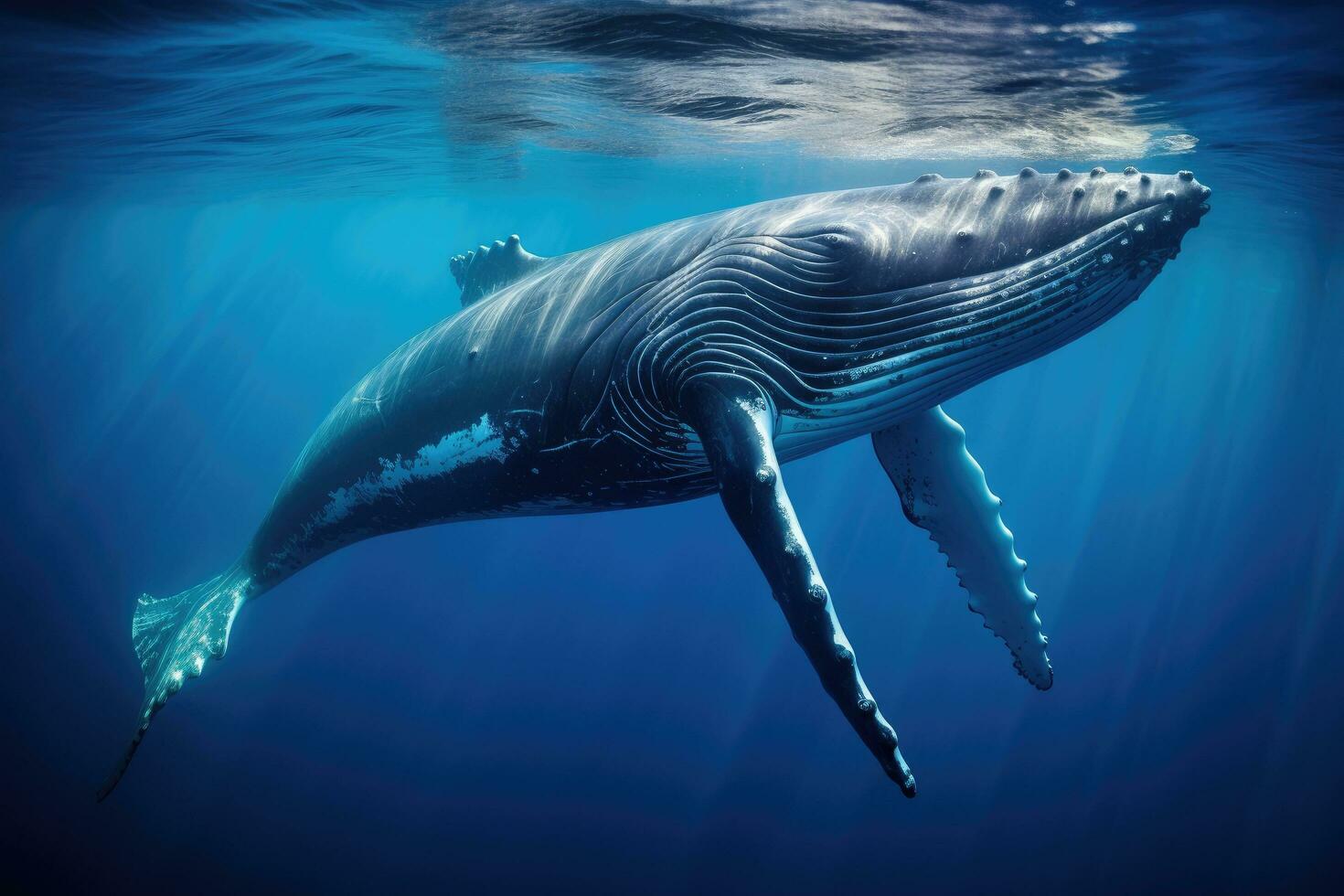 ai generado jorobado ballena en el profundo azul océano. 3d representación, jorobado ballena graciosamente nadando en el profundo azul océano, capturado mediante submarino fotografía, ai generado foto