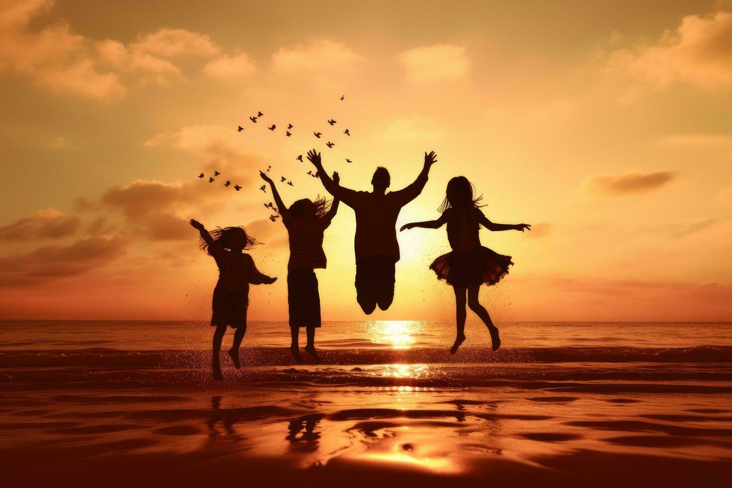 AI generated Silhouette of happy family jumping on the beach at sunset