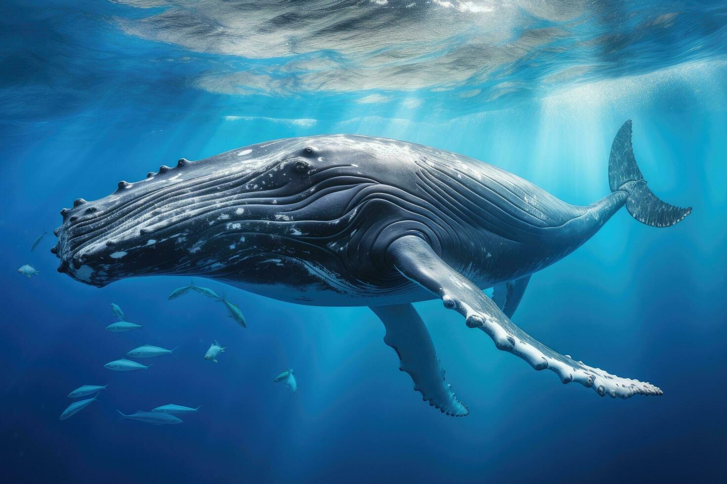 AI generated Humpback whale in deep blue water. Underwater scene, Humpback whale gracefully swimming in the deep blue ocean, captured through underwater photography, AI Generated photo