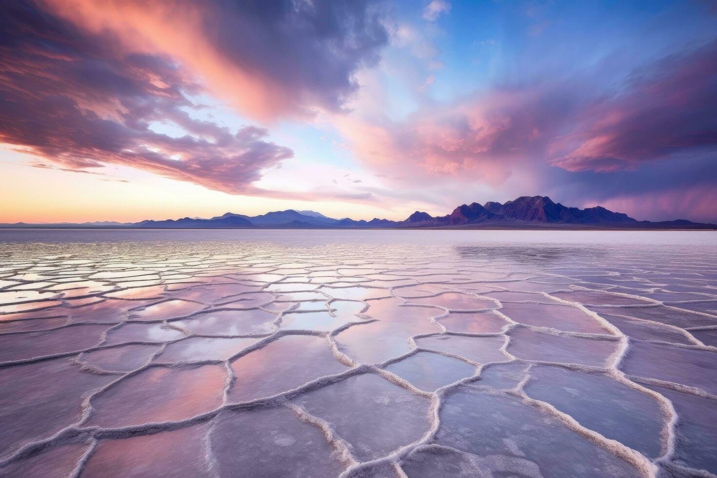 AI generated Colorful sunset over the lake. Dramatic sky with cumulus clouds, Great Salt Lake, Utah, an amazing travel picture, AI Generated photo