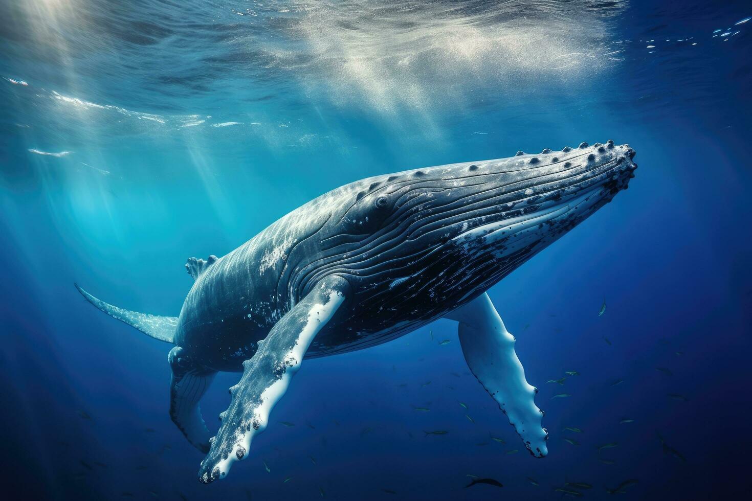 ai generado jorobado ballena en profundo azul océano. submarino escena, jorobado ballena graciosamente nadando en el profundo azul océano, capturado mediante submarino fotografía, ai generado foto