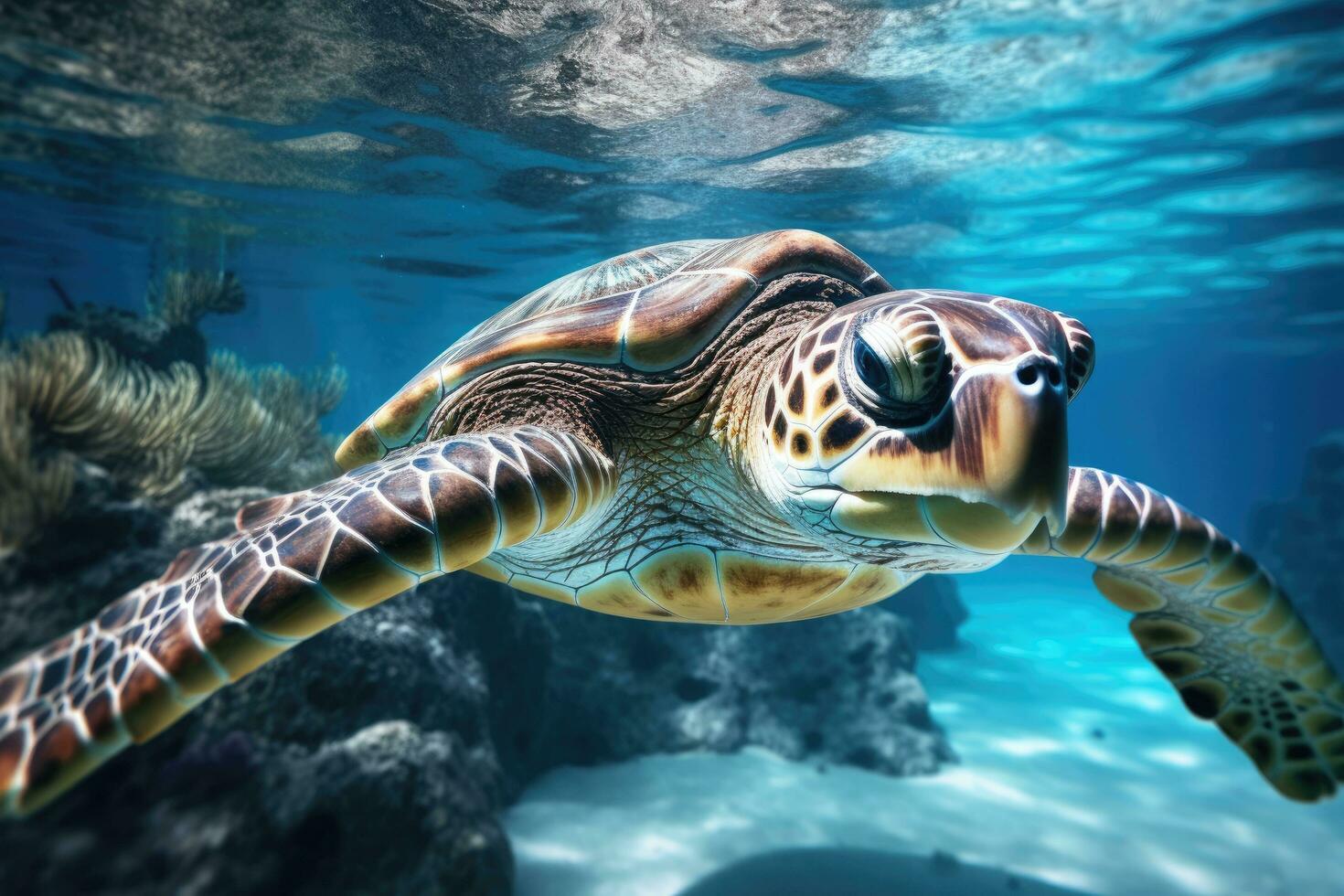 AI generated Hawaiian Green Sea Turtle Chelonia mydas, Green sea turtle swimming around colorful coral reef formations in the wild, AI Generated photo