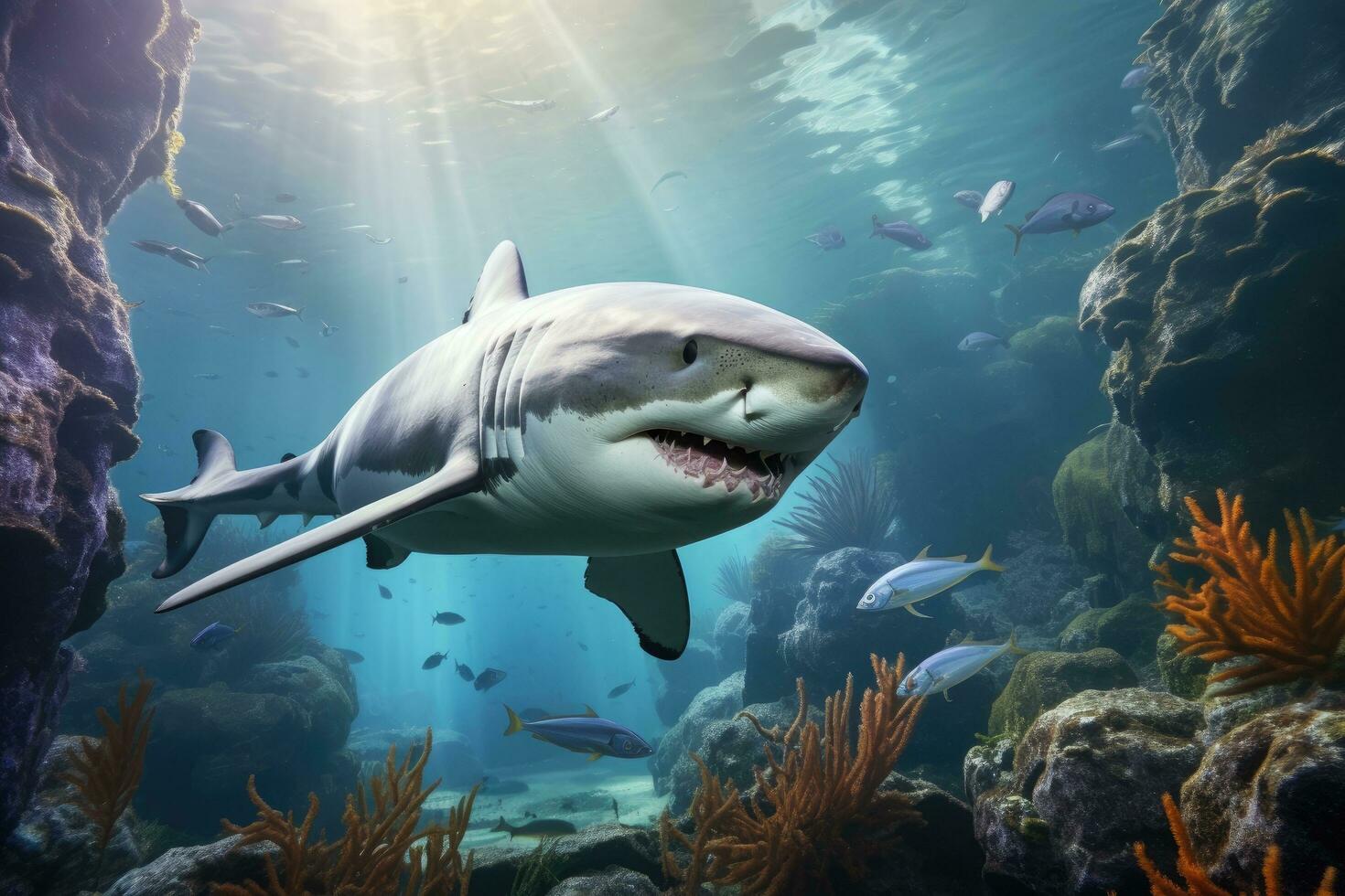 ai generado genial blanco tiburón nadando submarino en el océano. 3d ilustración, genial blanco tiburón, carcharodon carcharias, en un coral arrecife, ai generado foto