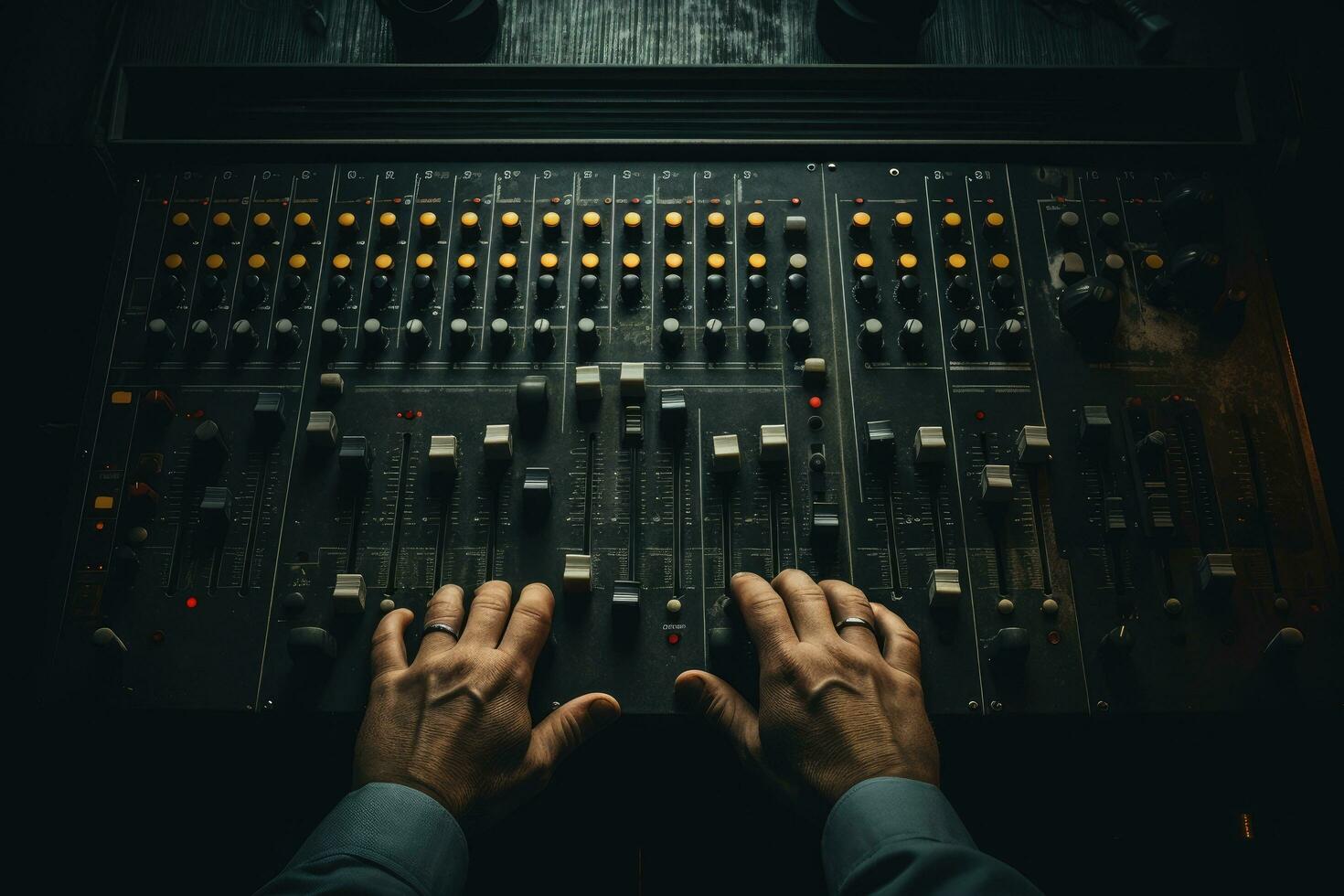 AI generated Professional sound mixer in recording studio, close-up view of hands, Hand on a sound mixer station, top view, AI Generated photo