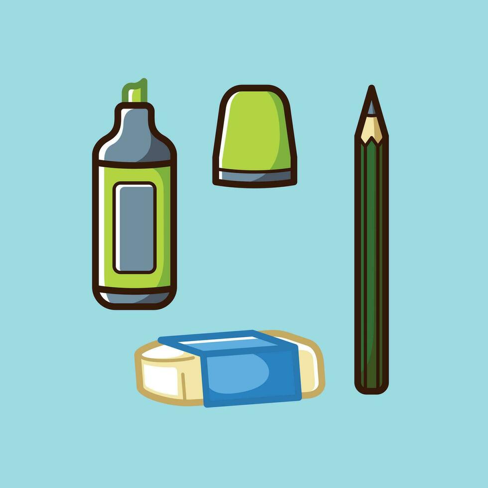 School Stationery Kit Vector Arts. Back to School stationery items for students simple icon design