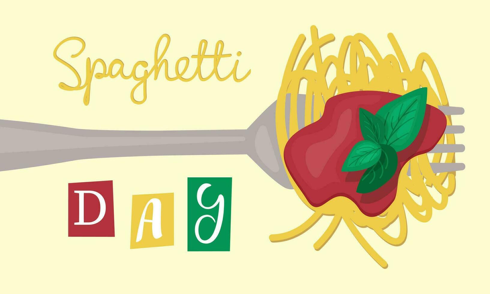 National Spaghetti Day. Handwriting text and spaghetti on fork with tomato sauce and basil vector