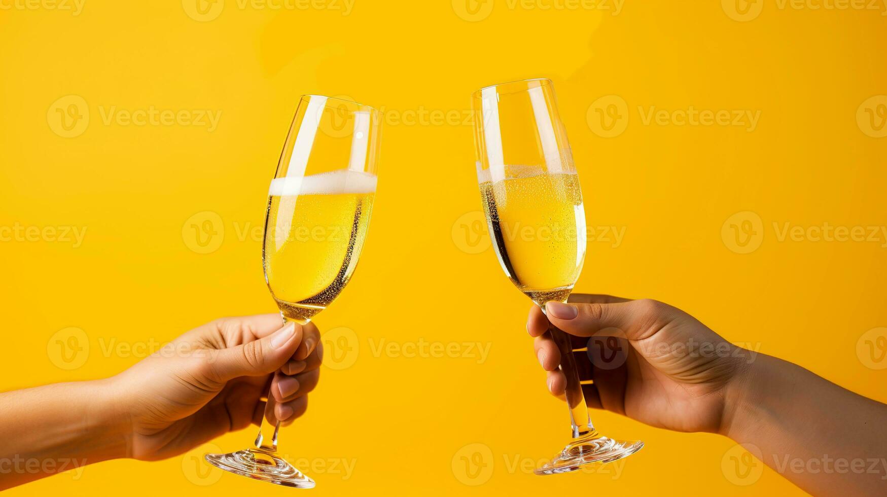 AI generated Two female hands clinking glasses of champagne on a yellow background. Two glasses with sparkling champagne in hands. photo