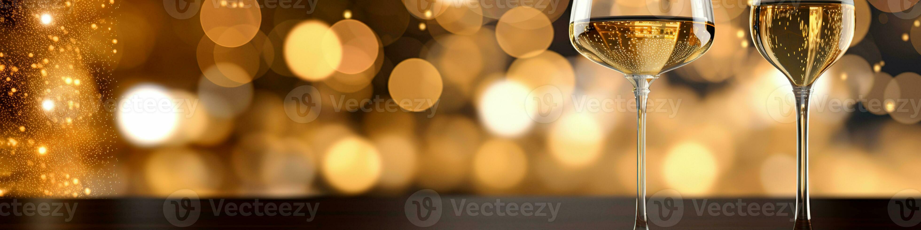 AI generated Party champagne glass with bokeh banner. photo