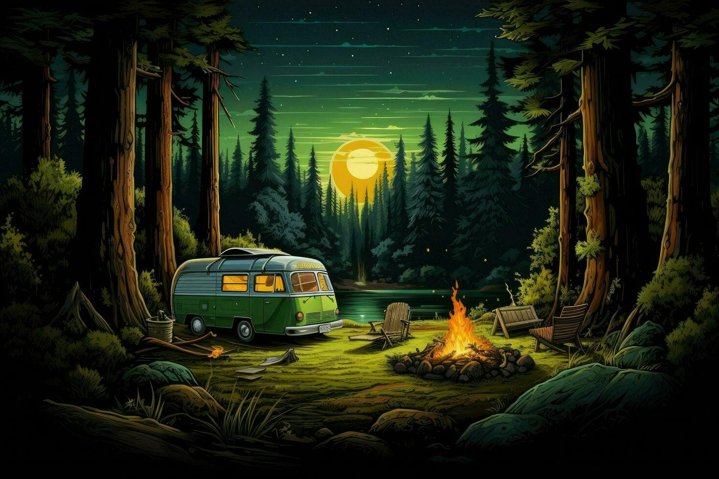 AI generated camping in the forest with a Camper van, enjoying a summer camping, top section cropped and side view Ai generated photo