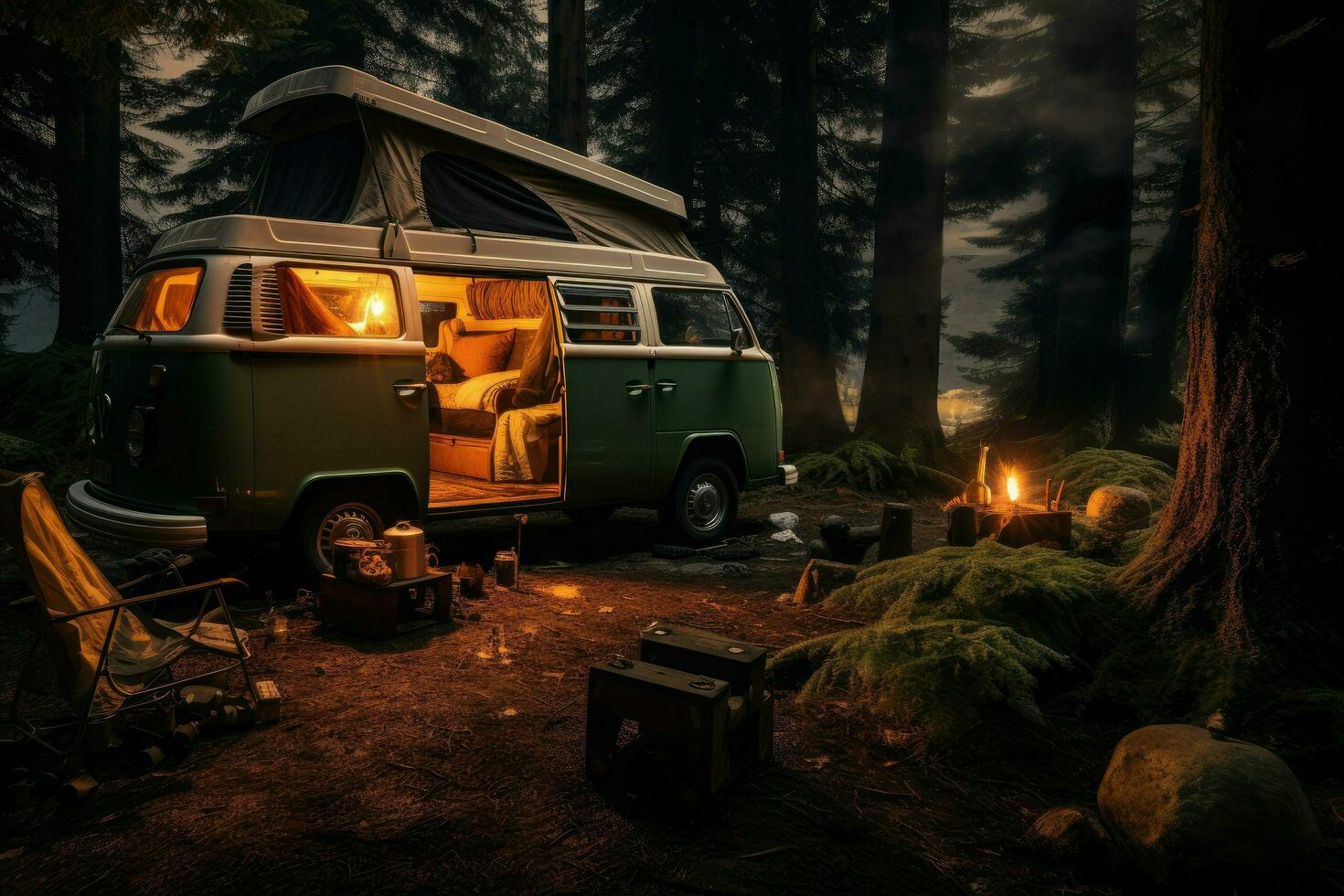 AI generated camping in the forest with a Camper van, enjoying a summer camping, top section cropped and side view Ai generated photo