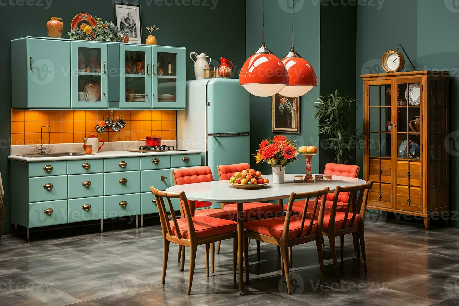 AI generated kitchen midcentury modern design, characterized by clean lines and iconic shapes, bright color from 60s and 70s photo